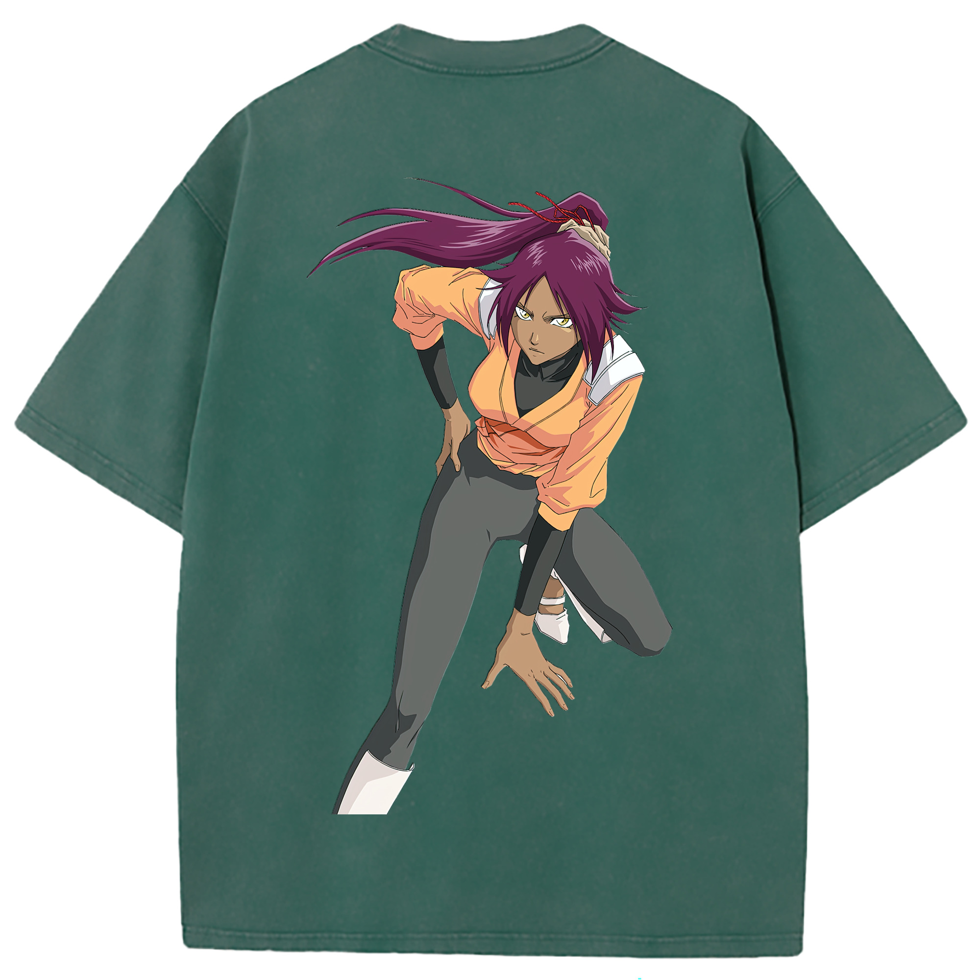 （画像用） ブリーチ 四楓院 夜一（しほういん よるいち） BLEACH Shihouin Yoruichi 綿100% ヴィンテージ風 半袖Tシャツ（背面プリント）